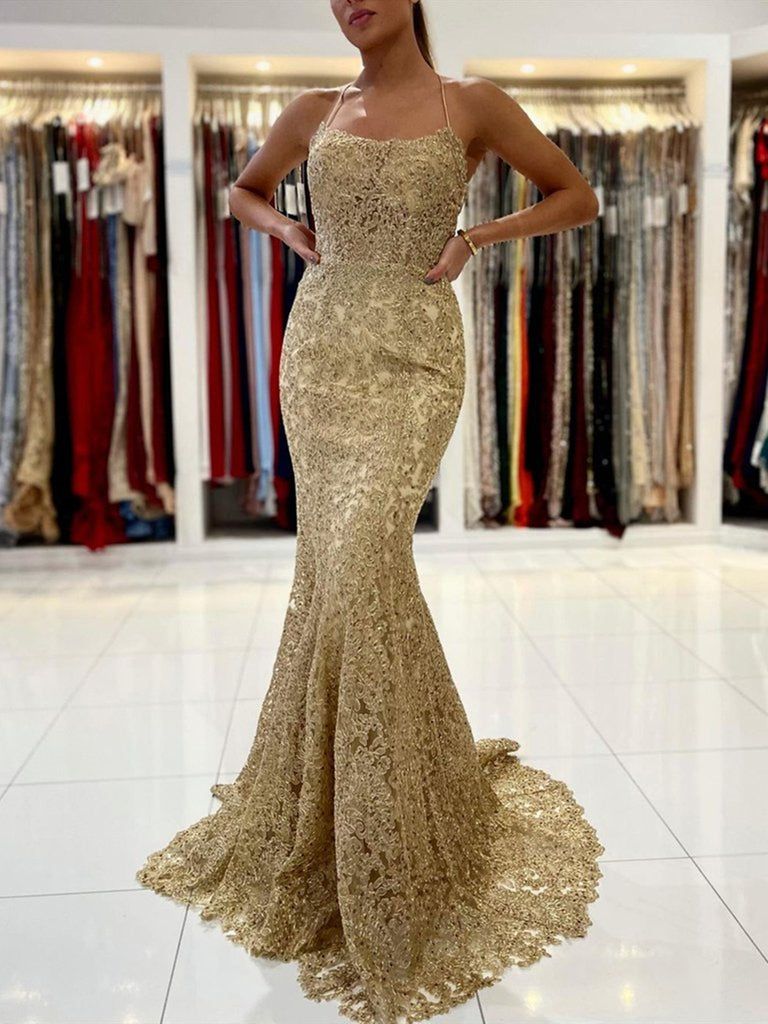 Mermaid Backless Golden Lace Long Prom Dresses, Mermaid Gold Formal Dr Shiny Party Mermaid Backless Golden Lace Long Prom Dresses, Mermaid Gold Formal Dr Shiny Party