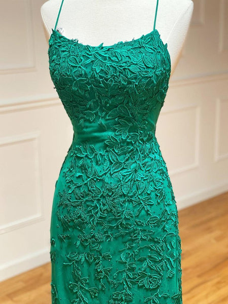Mermaid Backless Green Lace Long Prom Dresses, Mermaid Green Formal Dresses, Green Lace Evening Dresses