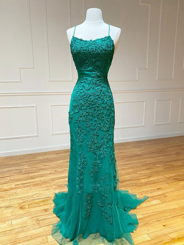 Mermaid Backless Green Lace Long Prom Dresses, Mermaid Green Formal Dresses, Green Lace Evening Dresses