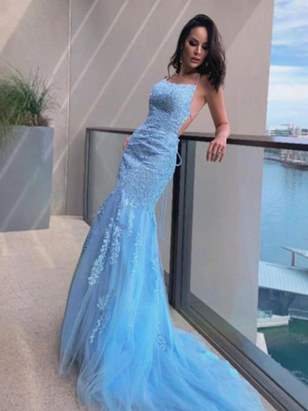 Mermaid Backless Light Blue Lace Long Prom Dresses, Mermaid Blue Formal Dresses, Light Blue Lace Evening Dresses SP2127