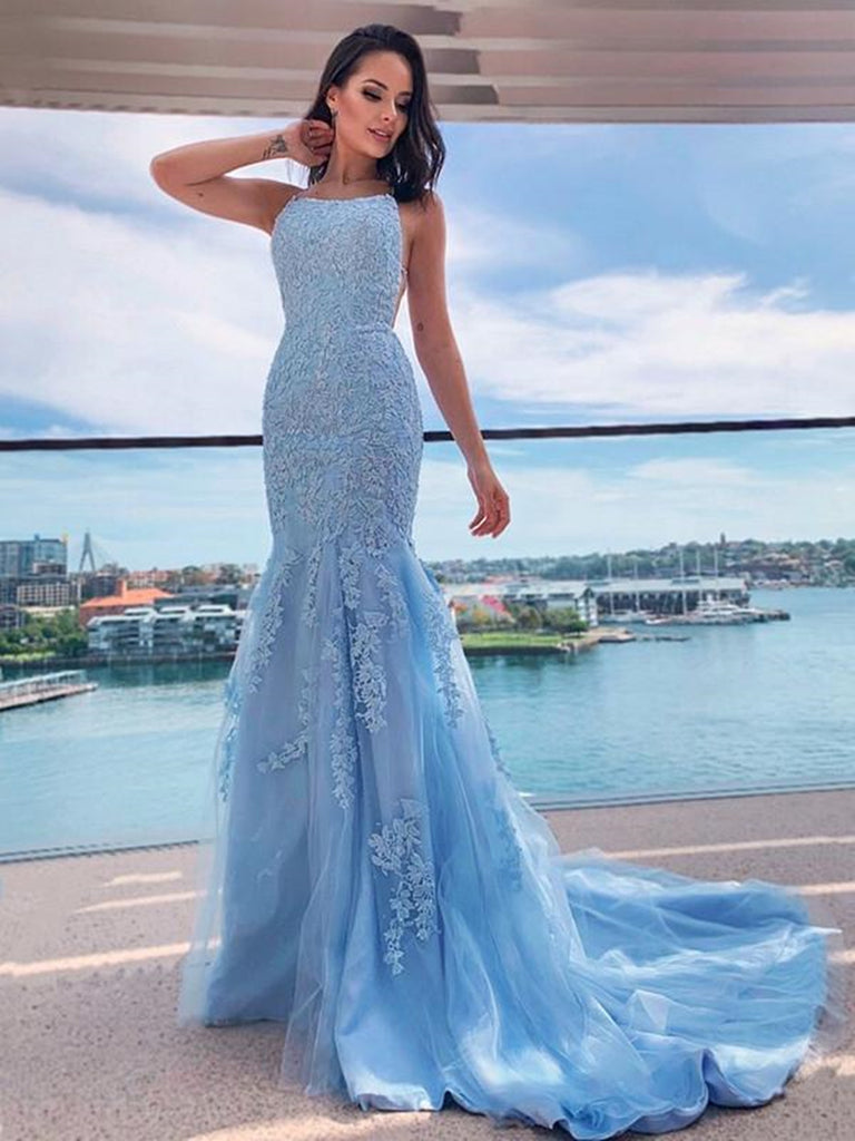 Mermaid Backless Light Blue Lace Long Prom Dresses, Mermaid Blue Forma Shiny Party Mermaid Backless Light Blue Lace Long Prom Dresses, Mermaid Blue Forma Shiny Party