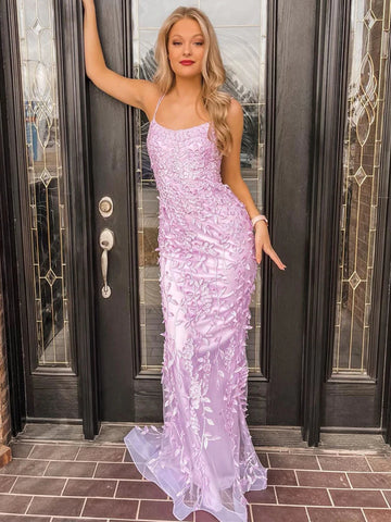 Mermaid Backless Lilac Lace Appliqued Long Prom Dresses, Purple Lace Formal Graduation Evening Dresses SP2309
