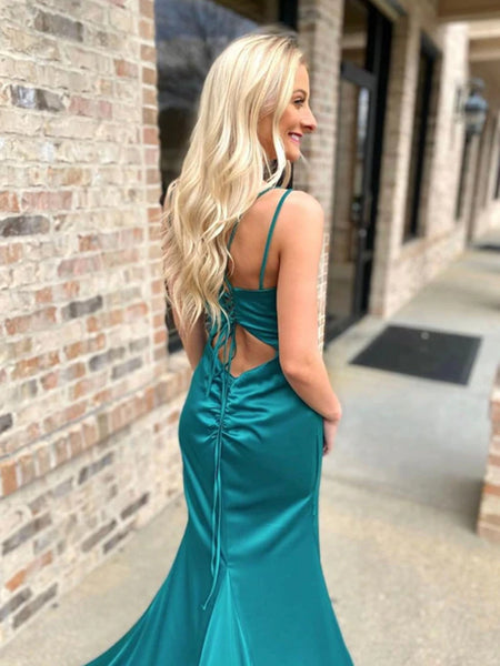 Mermaid Backless Pink/Green Satin Long Prom Dresses with Train, Mermaid Pink/Green Formal Graduation Evening Dresses SP2403
