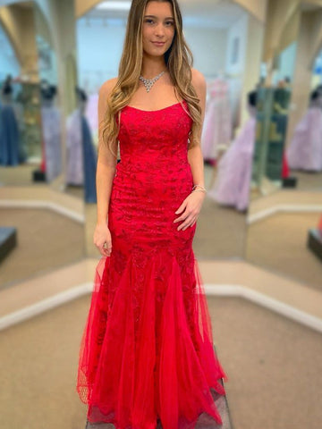 Mermaid Backless Red Lace Long Prom Dresses, Mermaid Red Formal Dresses, Red Lace Evening Dresses SP2347