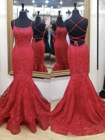 Mermaid Backless Red Lace Long Prom Dresses, Mermaid Red Formal Dresses, Red Lace Evening Dresses