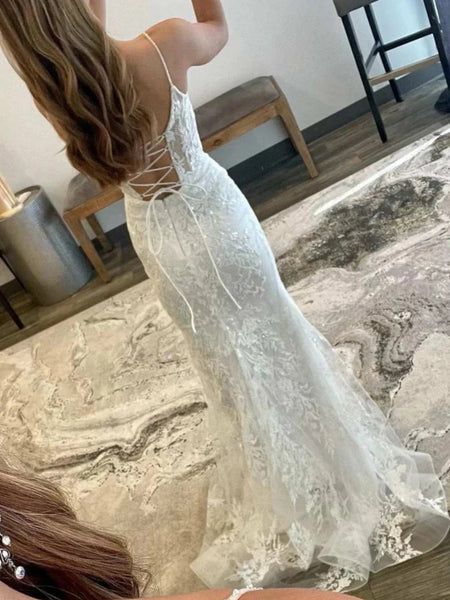 Mermaid Backless White Lace Long Prom Dresses, Mermaid White Formal Dresses, White Lace Evening Dresses SP2655
