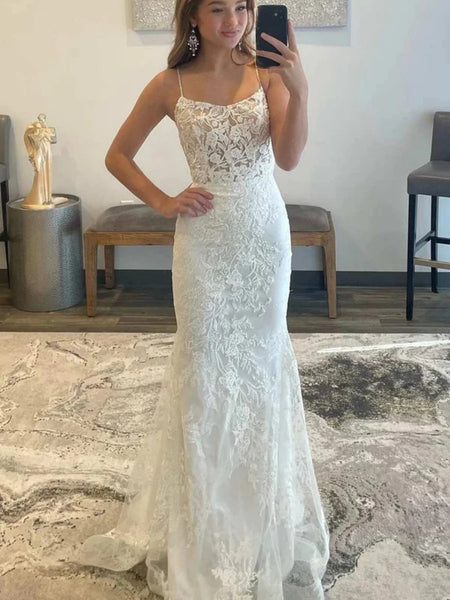 Mermaid Backless White Lace Long Prom Dresses, Mermaid White Formal Dresses, White Lace Evening Dresses SP2655