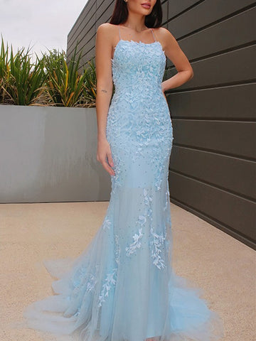 Mermaid Beaded Light Blue Lace Long Prom Dresses with Train, Light Blue Lace Formal Graduation Evening Dresses SP2247
