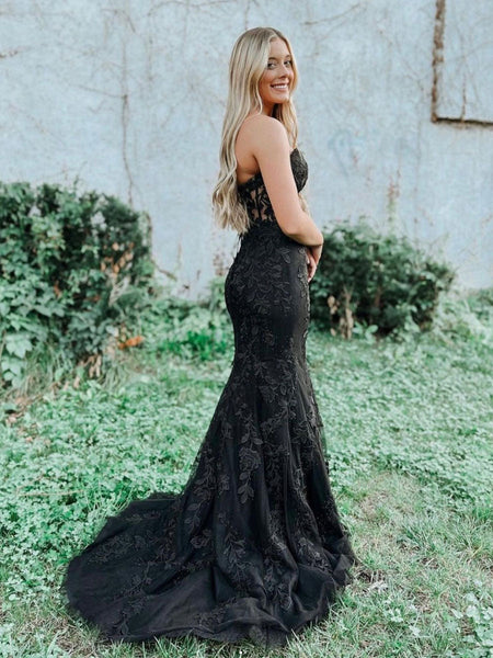 Mermaid Black Lace Long Prom Dresses, Strapless Black Lace Formal Dresses, Black Tulle Evening Dresses SP2221