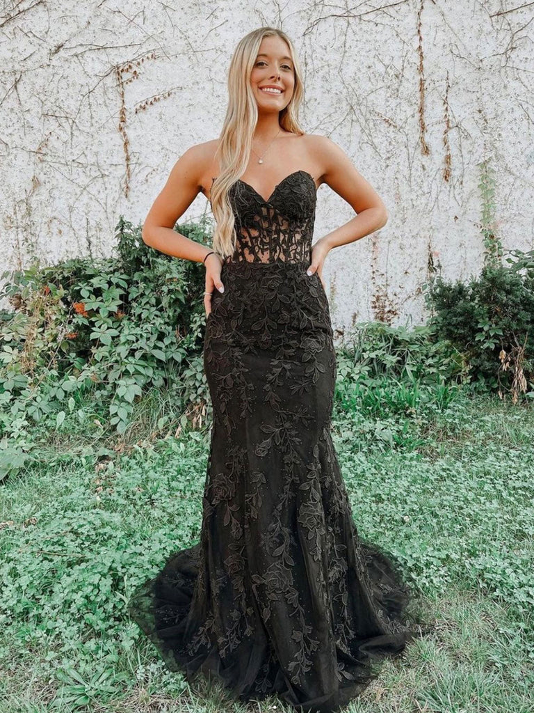 Mermaid Black Lace Long Prom Dresses, Strapless Black Lace Formal Dres —  Bridelily