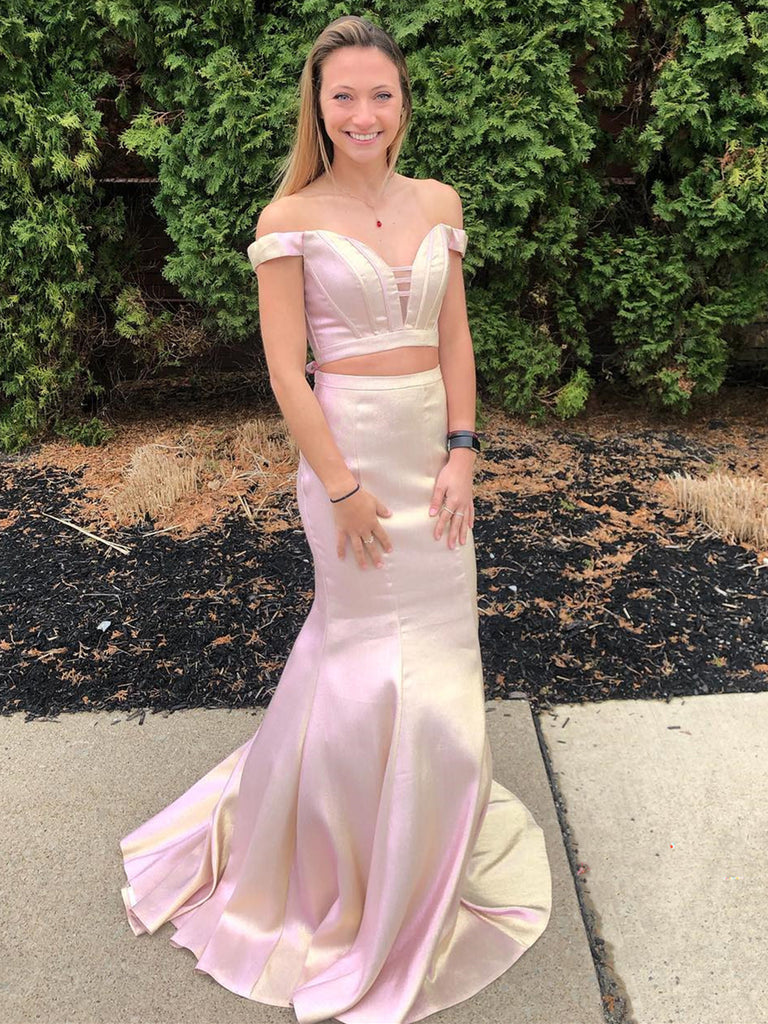 Mermaid Off Shoulder Two Pieces Pink Long Prom Dresses, Mermaid Pink Formal Dresses, 2 Piece Pink Evening Dress SP2248