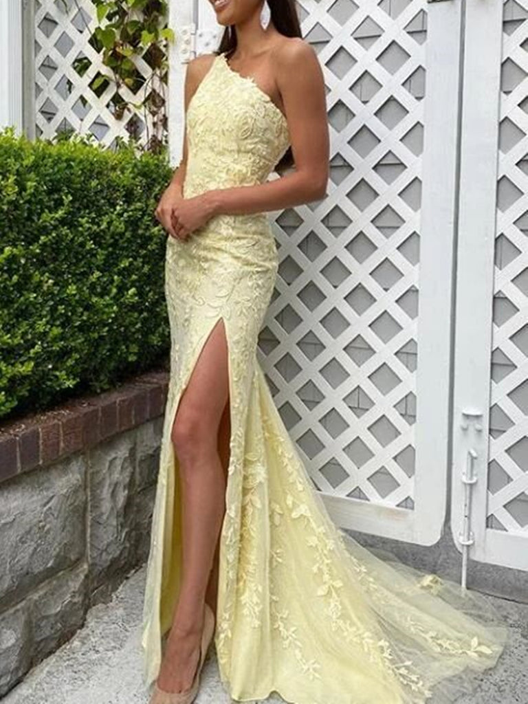 Mermaid One Shoulder Yellow Lace Long Prom Dresses with High Slit, Mermaid Yellow Formal Dresses, Yellow Lace Evening Dresses SP2305