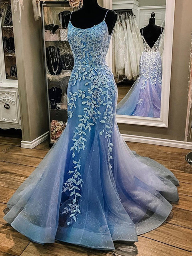 Mermaid Open Back Blue Lace Long Prom Dresses, Mermaid Blue Formal Dre Shiny Party Mermaid Open Back Blue Lace Long Prom Dresses, Mermaid Blue Formal Dre Shiny Party
