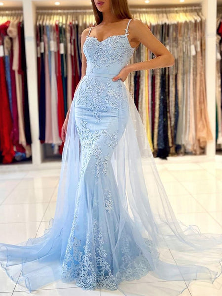 Mermaid Open Back Light Blue Lace Long Prom Wedding Dresses, Mermaid B ...