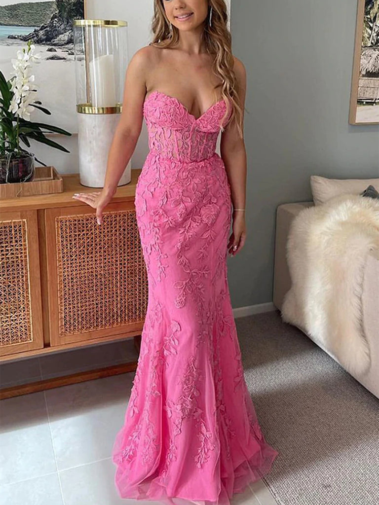 Mermaid Open Back Pink Lace Long Prom Dresses, Sweetheart Neck Pink Formal Dresses, Pink Lace Evening Dresses SP2295