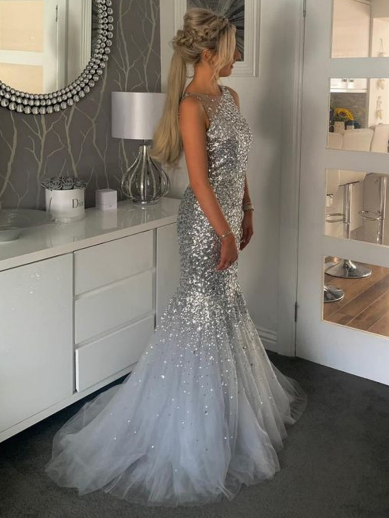 Mermaid Silver Gray Sequins Long Prom Dresses, Silver Gray Formal Even