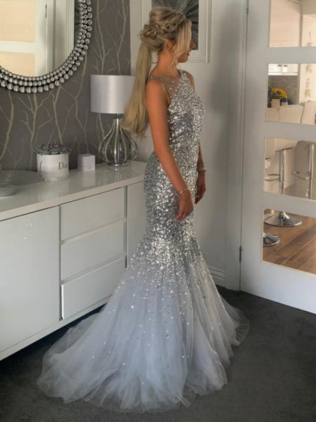 Mermaid Silver Gray Sequins Long Prom Dresses, Silver Gray Formal Evening Dresses, Mermaid Ball Gown SP2616