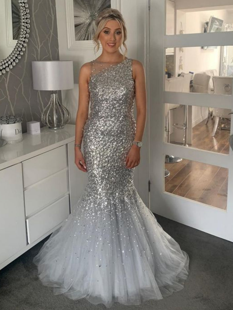 Mermaid Silver Gray Sequins Long Prom Dresses, Silver Gray Formal Evening Dresses, Mermaid Ball Gown SP2616