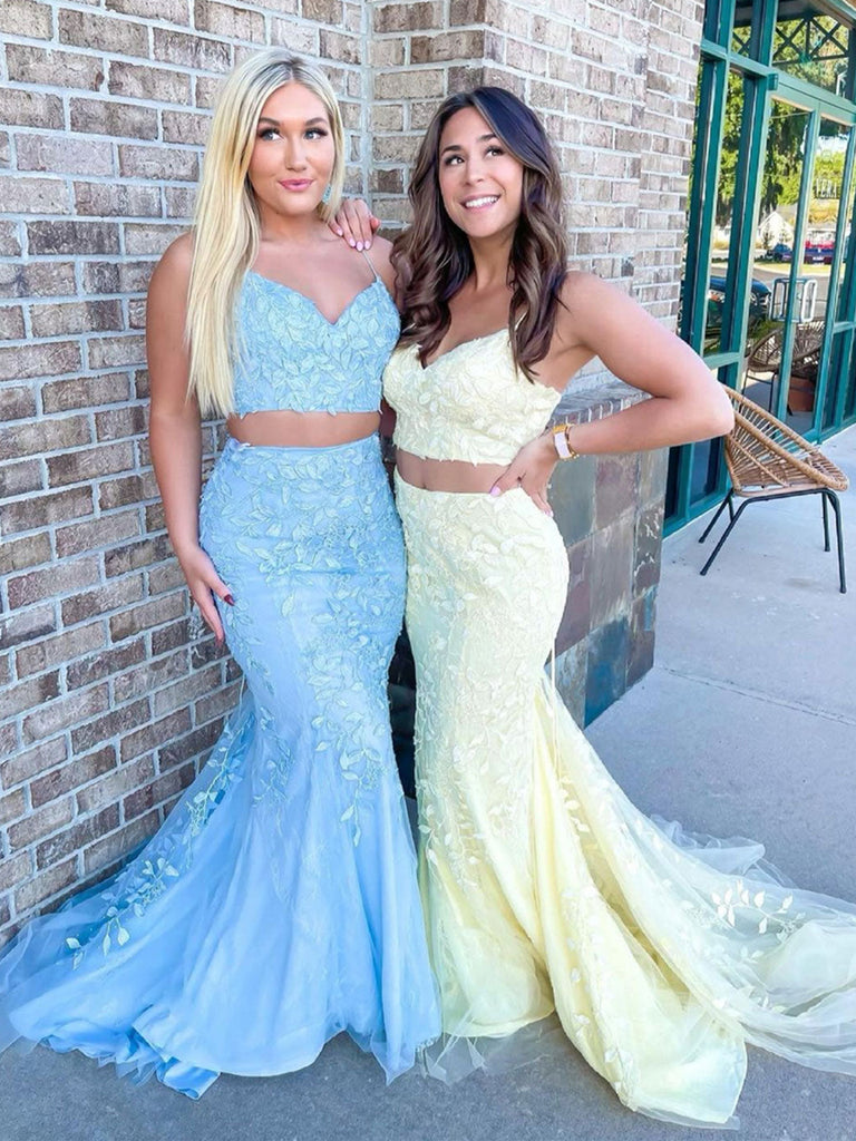 Mermaid Two Pieces Light Blue/Yellow Lace Long Prom Dresses, Mermaid Light Blue/Yellow Lace Formal Dresses, Light Blue/ Yellow Evening Dresses SP2217