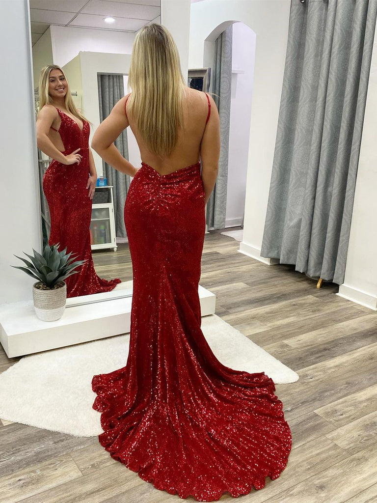 Mermaid V Neck Backless Burgundy Long Prom Dresses, Mermaid Burgundy F Shiny Party Mermaid V Neck Backless Burgundy Long Prom Dresses, Mermaid Burgundy F Shiny Party
