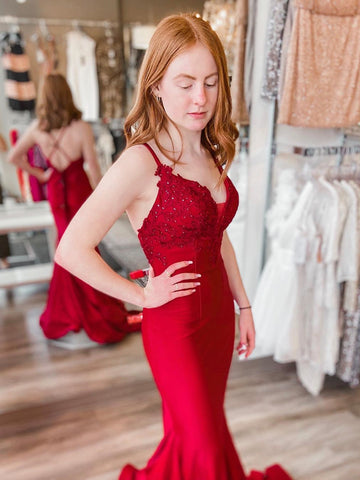 Mermaid V Neck Backless Red Lace Long Prom Dresses, Mermaid Red Lace Formal Dresses, Mermaid Red Evening Dresses