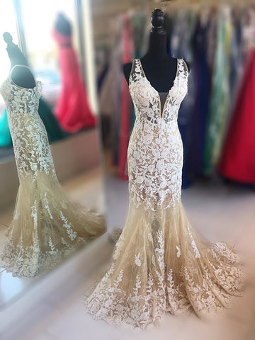 Mermaid V Neck Champagne Lace Long Prom Dresses, Mermaid Champagne Formal Dresses, Champagne Lace Evening Dresses