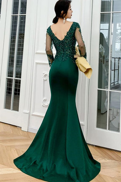 Mermaid V Neck Long Sleeves Beaded Green Long Prom Dresses, Mermaid Green Formal Dresses, Beaded Green Evening Dresses SP2243