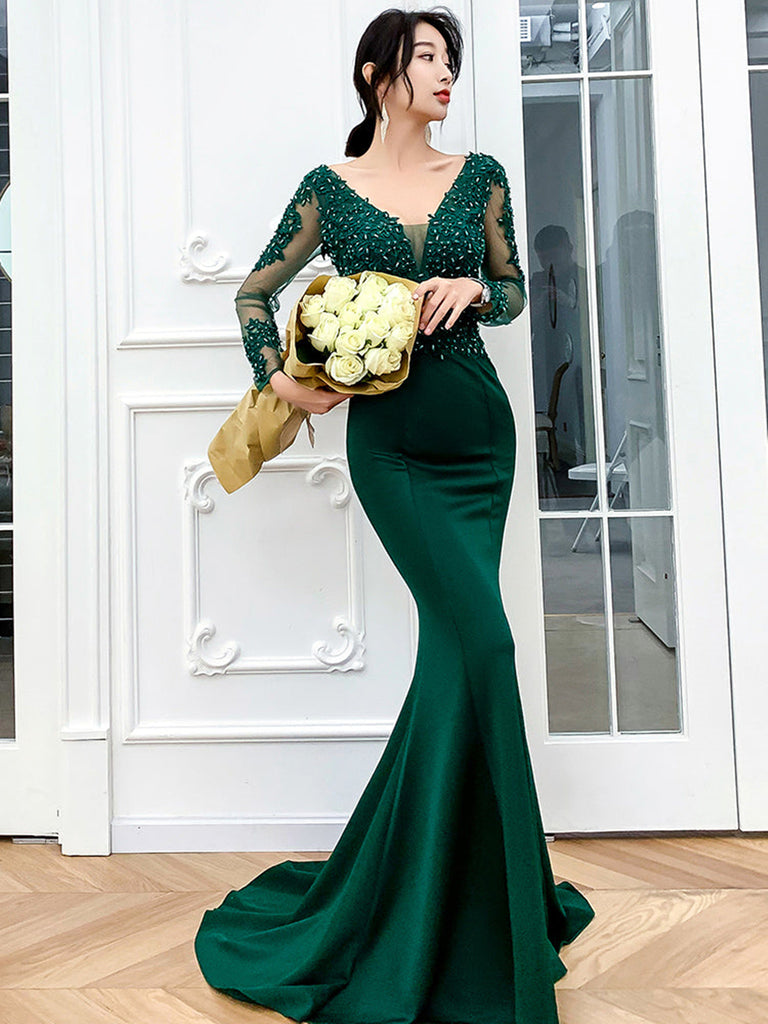 Mermaid V Neck Long Sleeves Beaded Green Long Prom Dresses, Mermaid Gr Shiny Party Mermaid V Neck Long Sleeves Beaded Green Long Prom Dresses, Mermaid Gr Shiny Party