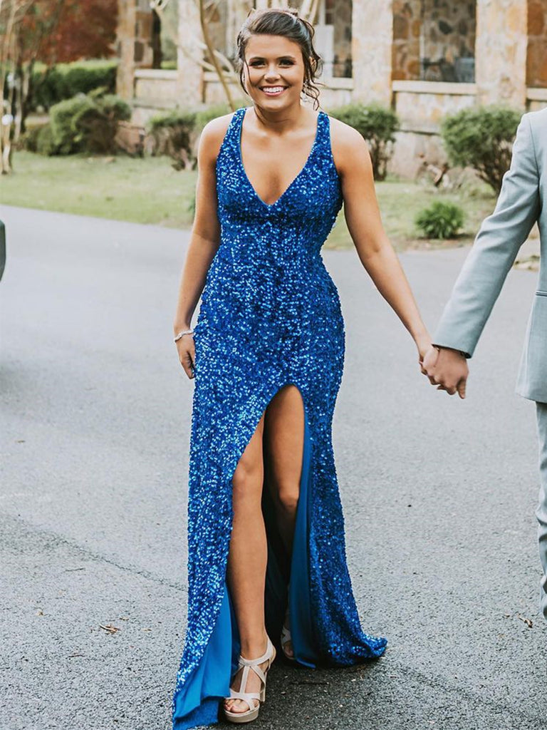 Mermaid V Neck Open Back Blue Sequins Long Prom Dresses, High Slit Mer Shiny Party Mermaid V Neck Open Back Blue Sequins Long Prom Dresses, High Slit Mer Shiny Party