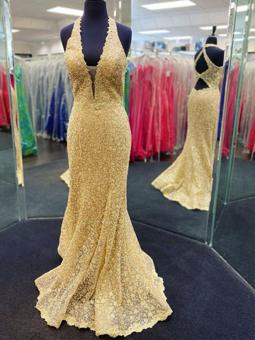 Mermaid V Neck Open Back Golden Lace Long Prom Dresses, Mermaid Golden Formal Dresses, Golden Lace Evening Dresses SP2141