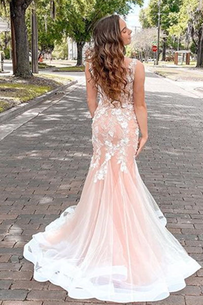 Mermaid V Neck Open Back Pink Lace Floral Long Prom Dresses, Mermaid Pink Lace Formal Dresses, Pink Lace Evening Dresses