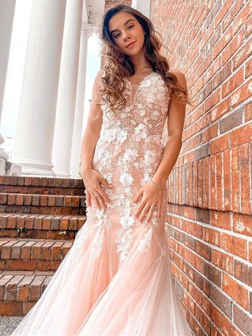 Mermaid V Neck Open Back Pink Lace Floral Long Prom Dresses, Mermaid Pink Lace Formal Dresses, Pink Lace Evening Dresses