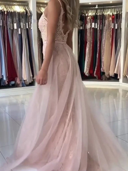 Mermaid V Neck Pink Lace Long Prom Dresses, Mermaid Pink Formal Dresses, Pink Lace Evening Dresses SP2202