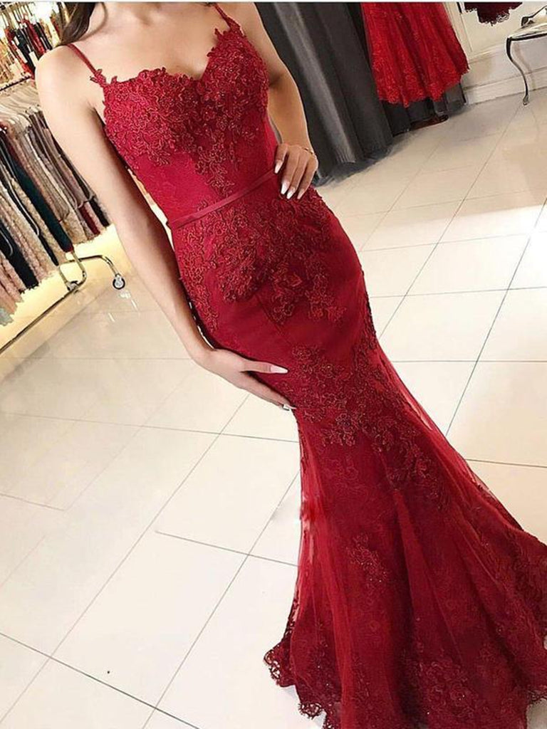 Mermaid Spaghetti Straps Backless Lace Burgundy Prom Dresses, Burgundy Shiny Party Mermaid Spaghetti Straps Backless Lace Burgundy Prom Dresses, Burgundy Shiny Party