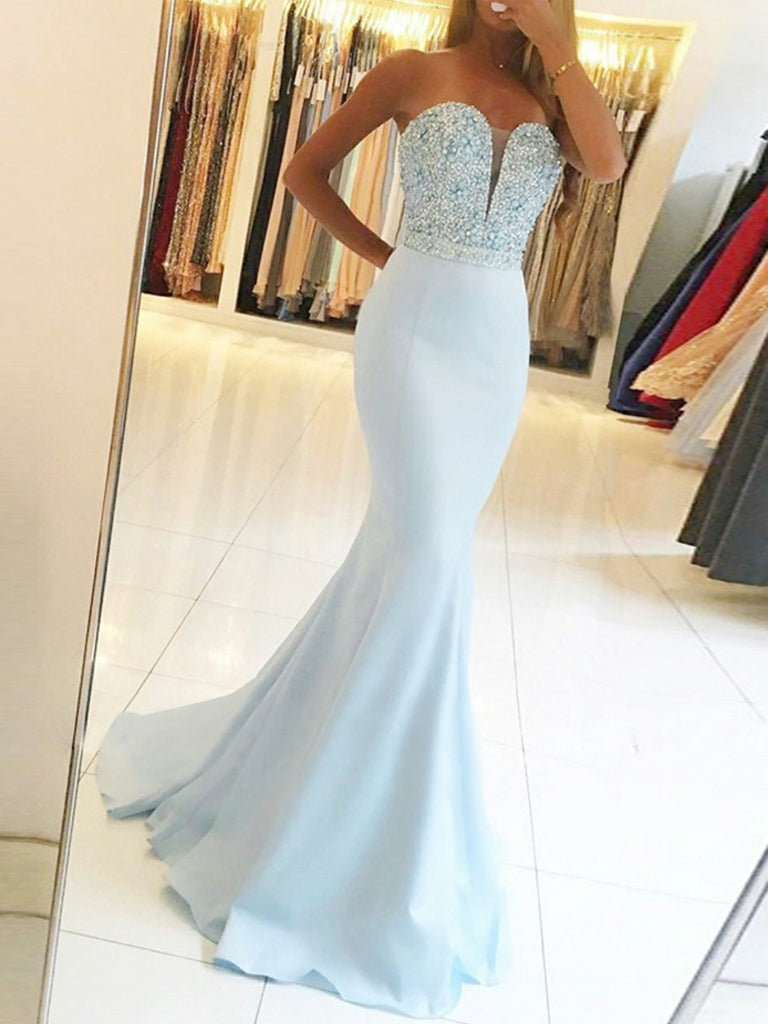 Mermaid Strapless Backless Beaded Light Blue Long Prom Dresses, Light Blue Mermaid Formal Dresses, Evening Dresses