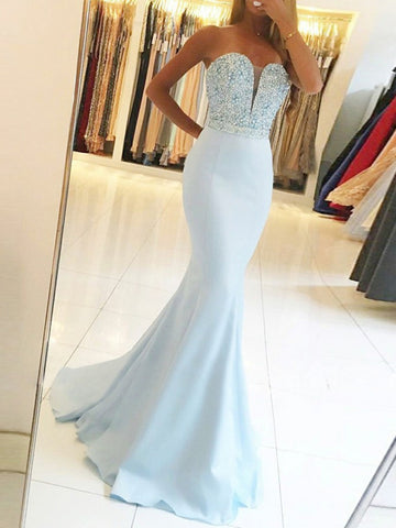 Mermaid Strapless Backless Beaded Light Blue Long Prom Dresses, Light Blue Mermaid Formal Dresses, Evening Dresses