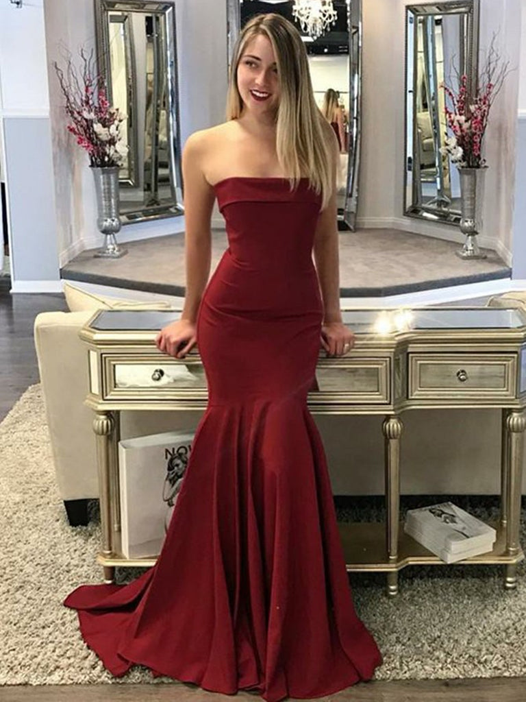 Mermaid Strapless Sweep Train Burgundy Elastic Satin Long Prom Dresses Shiny Party Mermaid Strapless Sweep Train Burgundy Elastic Satin Long Prom Dresses Shiny Party