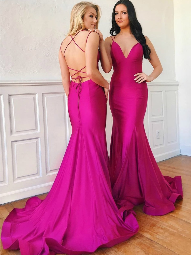 Stylish A Line V Neck Hot Pink Long Prom Dresses with High Slit, V Nec –  Shiny Party