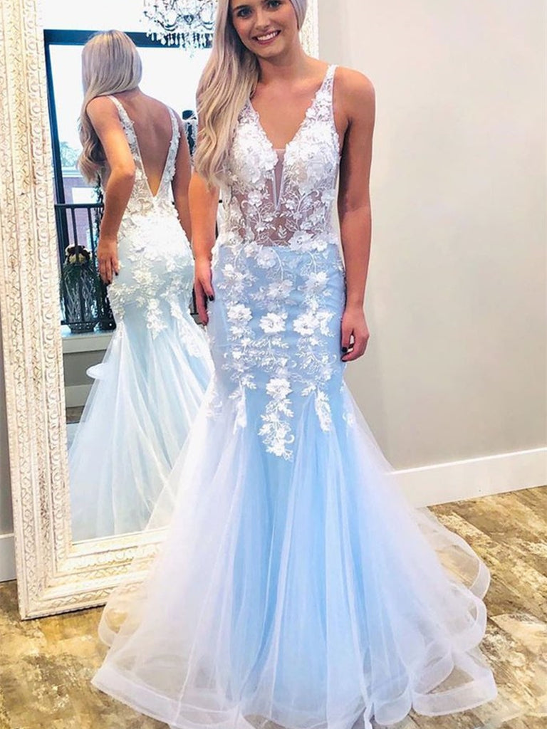 Mermaid V Neck Lace Appliques Floral Long Blue Prom Dresses, Mermaid L Shiny Party Mermaid V Neck Lace Appliques Floral Long Blue Prom Dresses, Mermaid L Shiny Party
