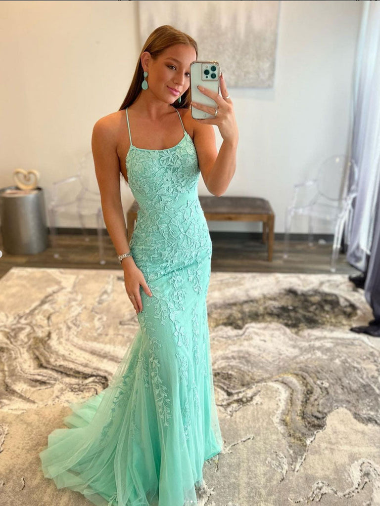 Mint Green Lace Mermaid Backless Long Prom Dresses, Mermaid Mint Green Shiny Party Mint Green Lace Mermaid Backless Long Prom Dresses, Mermaid Mint Green Shiny Party