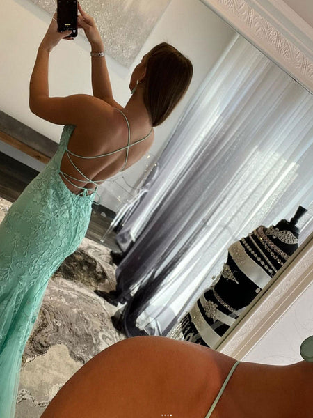 Mint Green Lace Mermaid Backless Long Prom Dresses, Mermaid Mint Green Formal Dresses, Mint Green Lace Evening Dresses SP2224