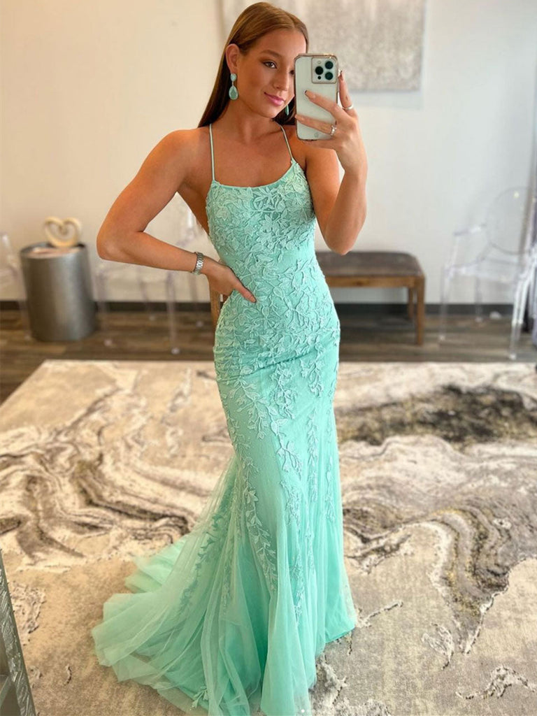 Mint Green Lace Mermaid Backless Long Prom Dresses, Mermaid Mint