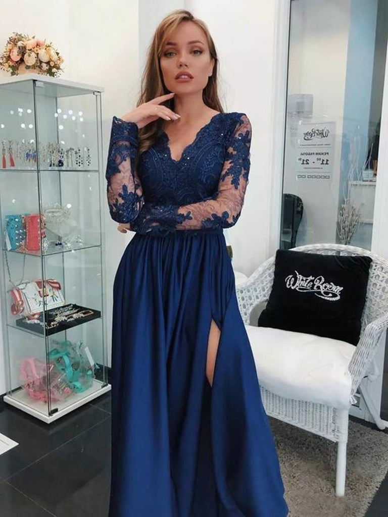 Navy Blue Long Sleeves Beaded Lace Long Prom Dresses with High Slit, L