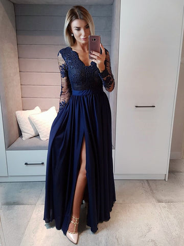 Navy Blue Long Sleeves Beaded Lace Long Prom Dresses with High Slit, Long Sleeve Navy Blue Formal Dresses, Lace Evening Dresses