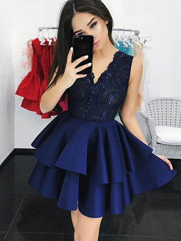 Navy Blue V Neck Lace Short Prom Dresses, Lace Layered Dresses, Navy Blue Homecoming Dresses