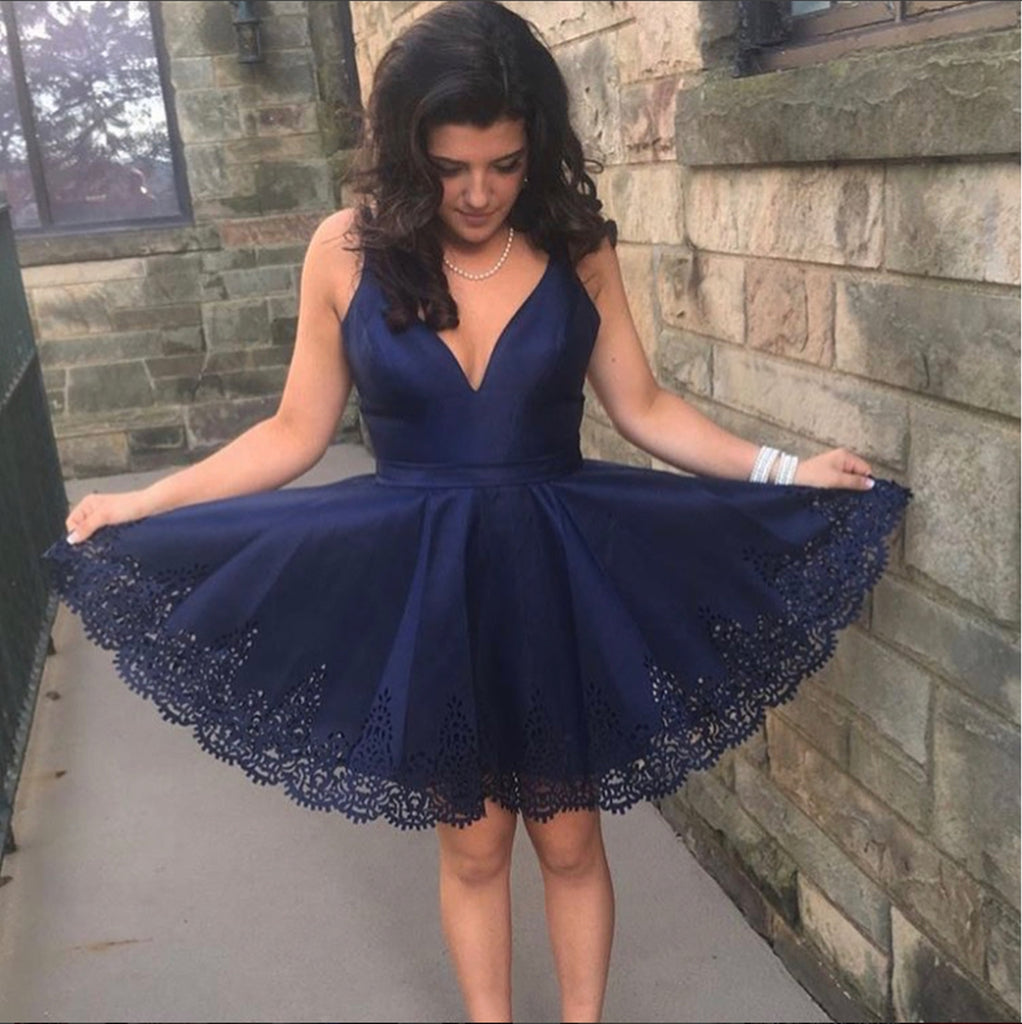 Navy Blue V Neck Lace Short Prom Dresses, Navy Blue Lace Homecoming Dr Shiny Party Navy Blue V Neck Lace Short Prom Dresses, Navy Blue Lace Homecoming Dr Shiny Party