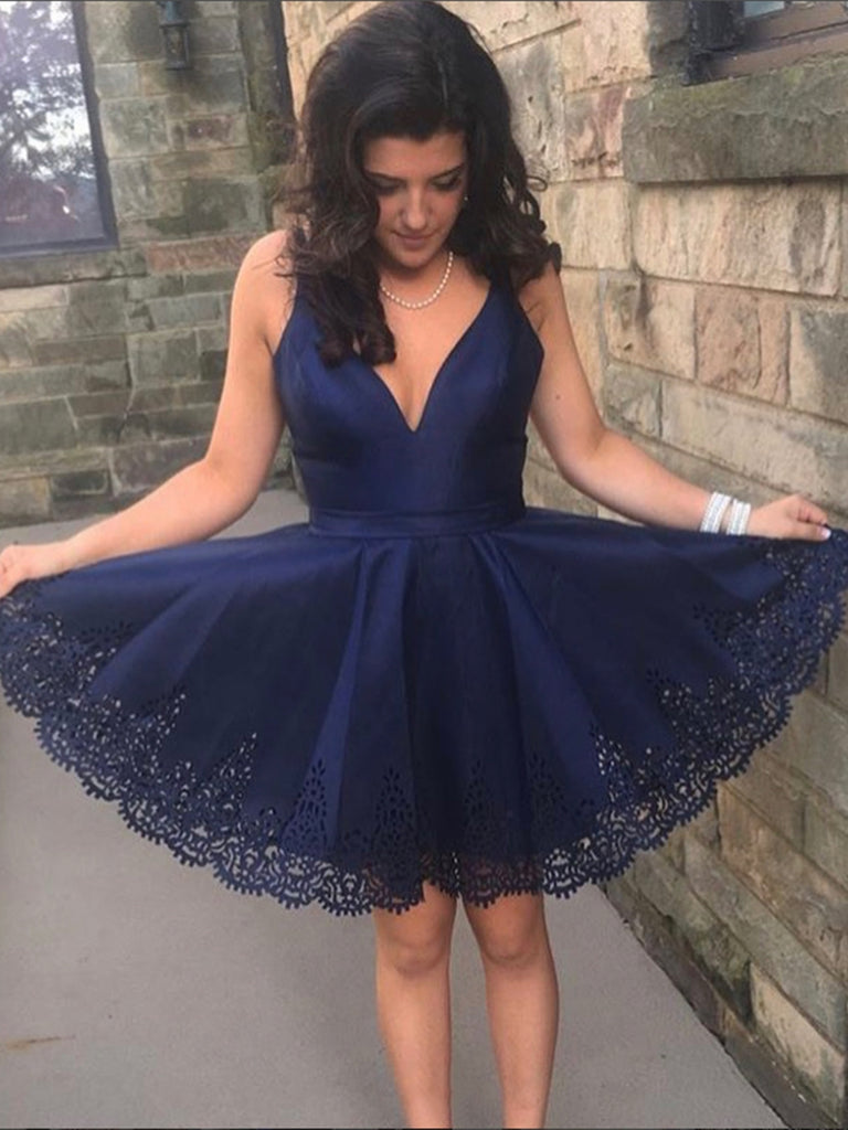 Navy Blue V Neck Lace Short Prom Dresses, Navy Blue Lace Homecoming Dr Shiny Party Navy Blue V Neck Lace Short Prom Dresses, Navy Blue Lace Homecoming Dr Shiny Party