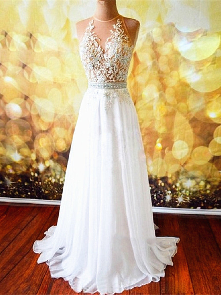 A Line Open Back Long Prom Dresses with Lace Appliques, Open Back Formal Dresses