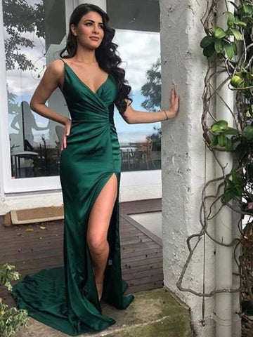 Newest V Neck Mermaid Emerald Green Long Prom Dresses with Split, Mermaid Emerald Green Formal Dresses, Emerald Green Evening Dresses