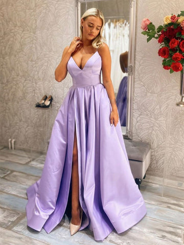 Newest V Neck Purple Satin Long Prom Dresses with Slit, V Neck Purple Formal Dresses, Purple Evening Dresses